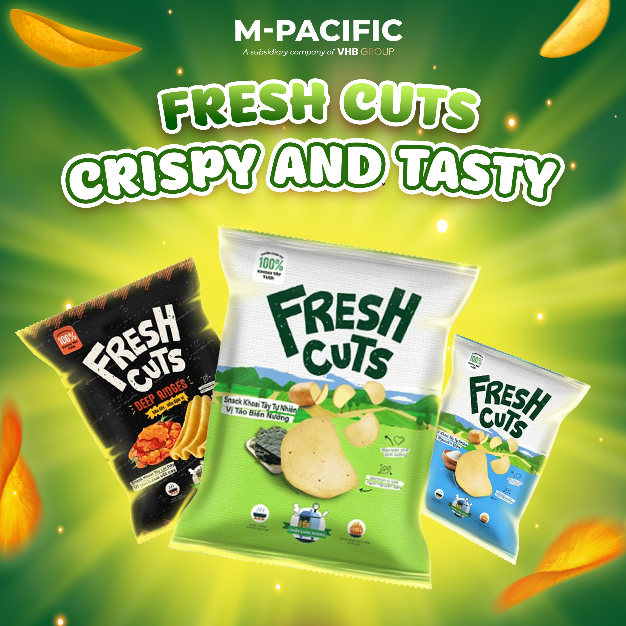 Selection of Oishi Fresh Cuts potato chips in various flavors including Deep Ridges and Seaweed, highlighted as crispy and tasty snacks from M-Pacific.