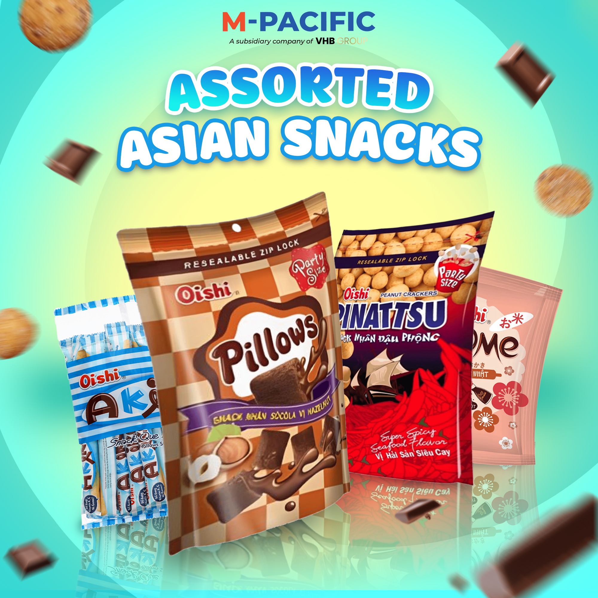 Oishi Pillows chocolate-filled snack packaging, a crunchy and creamy treat made with rich cocoa filling, popular among Vietnamese snack lovers.