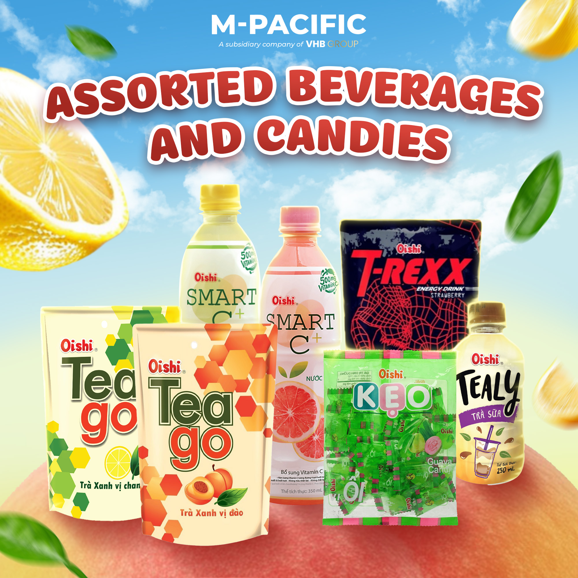 Variety of Oishi beverages and candies including Tea Go, Smart C+, Tealy milk tea, T-Rexx energy drink, and Oishi guava candy, showcasing refreshing drinks and sweets from Vietnam.