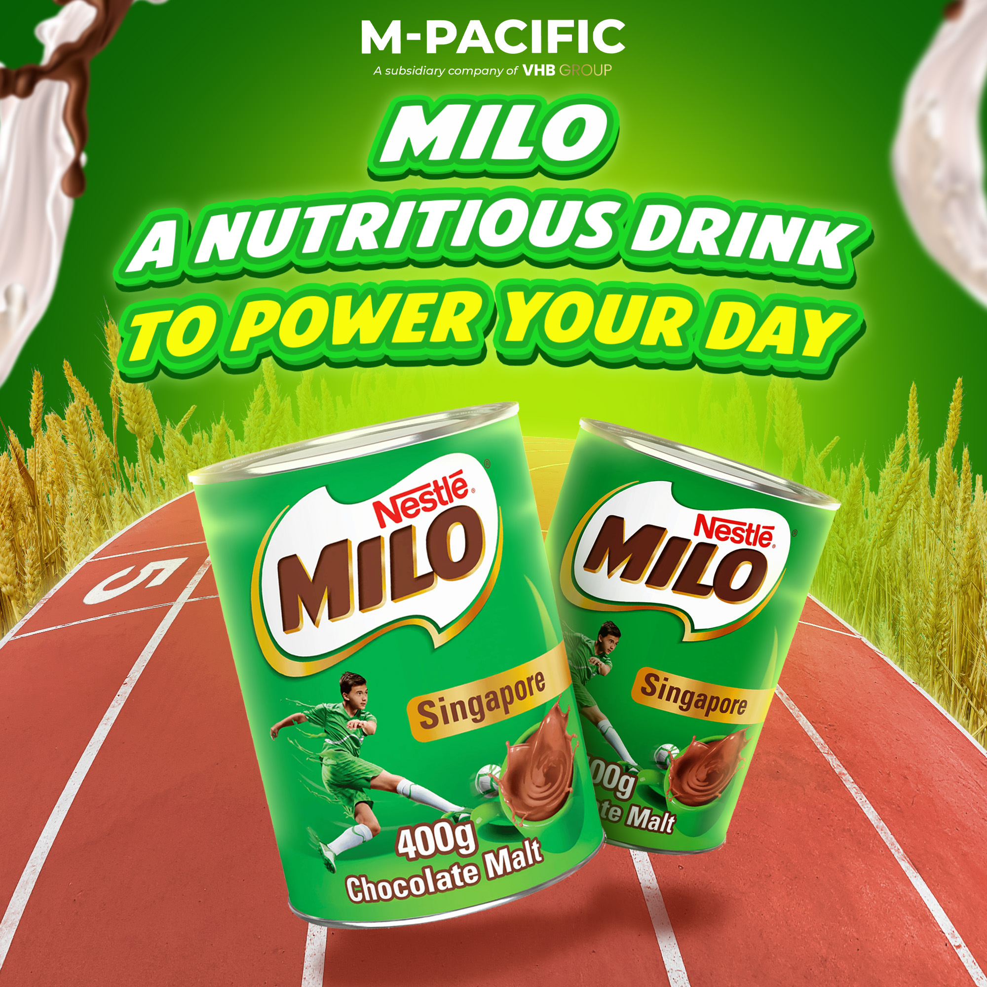 Nestlé Milo Singapore chocolate malt drink in 400g cans, promoted as a nutritious beverage to energize your day, distributed by M-Pacific.