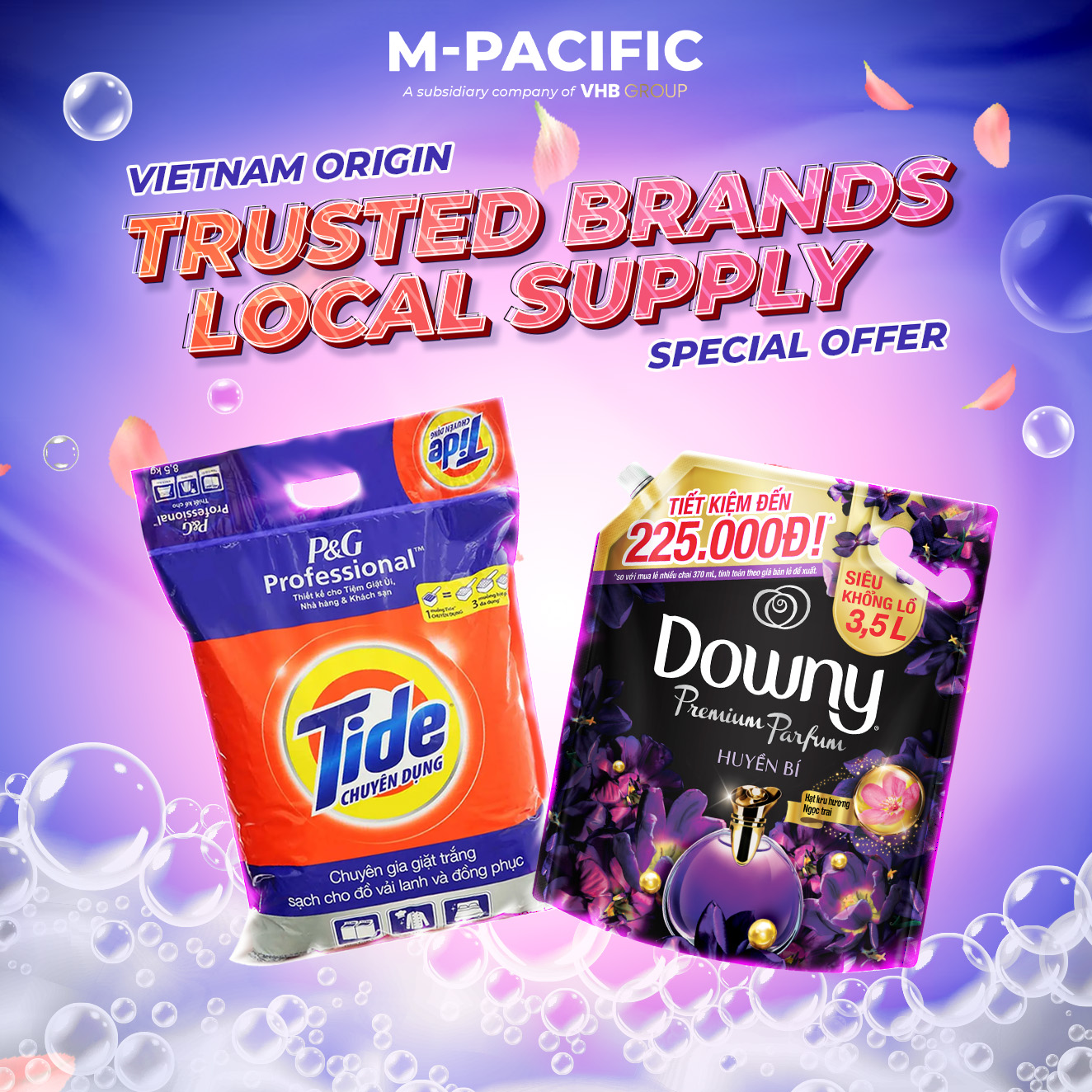Promotion product of Tide detergent and Downy fabric softener with bubble effects, showcasing trusted brands from Vietnam with a special offer.