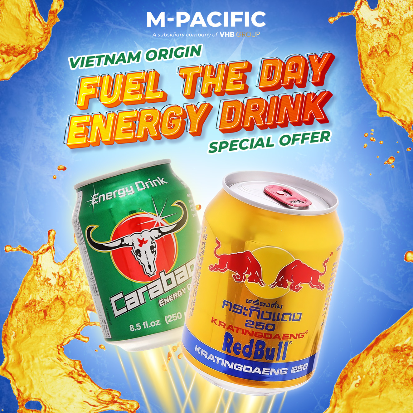 Promotion product for energy drinks Carabao and Red Bull, presented with vibrant splash effects and emphasizing Vietnam origin and fuel-the-day theme."